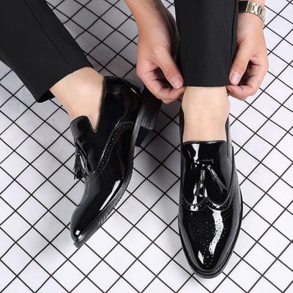 Santimon Men's US 8, 12 Black Patent Leather Wingtip Tassel Loafers Dress Shoes - Picture 11 of 12